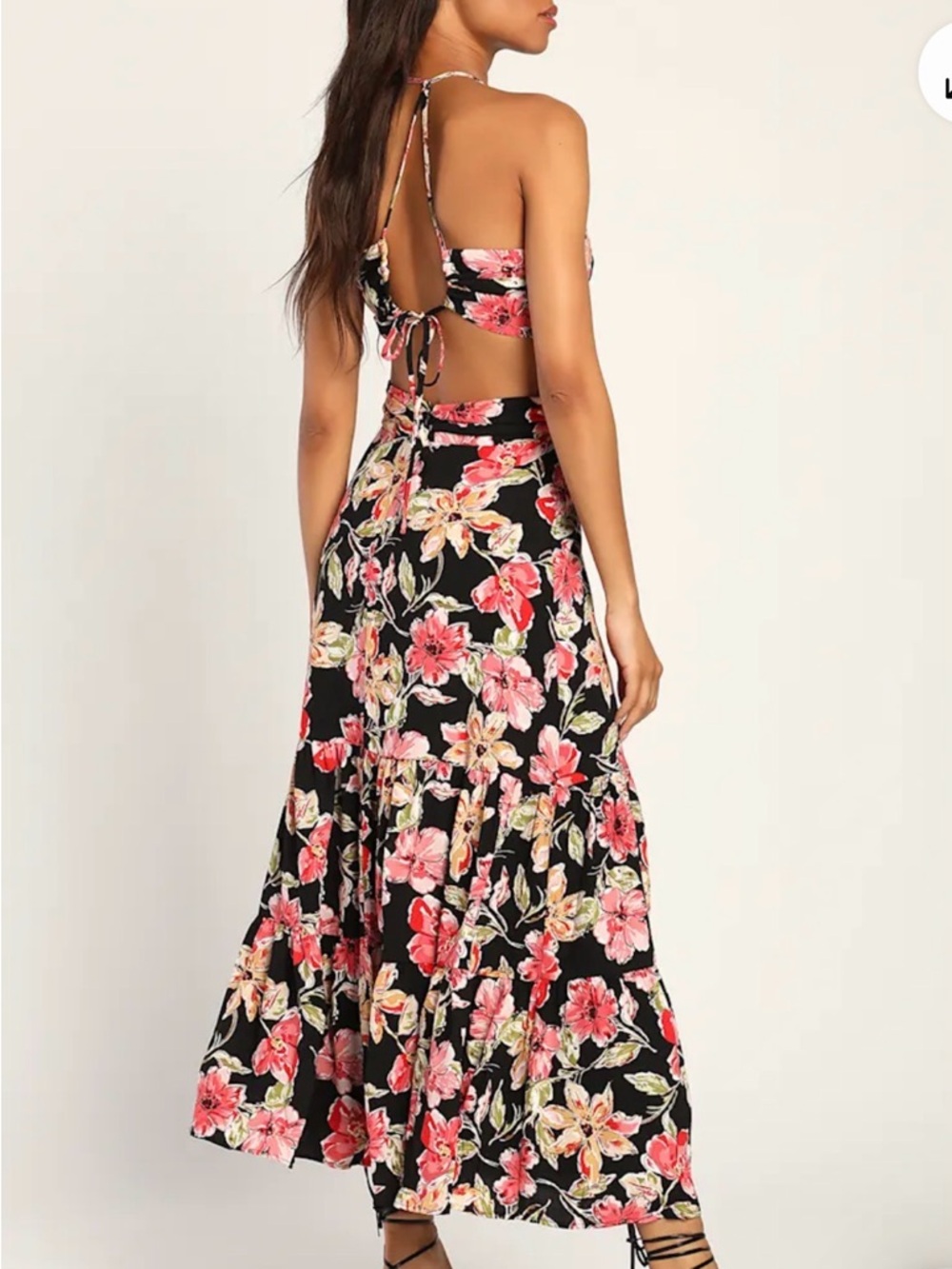 Lulus Black Floral Maxi Dress – Tie Back Tiered Summer Wedding Guest Dress